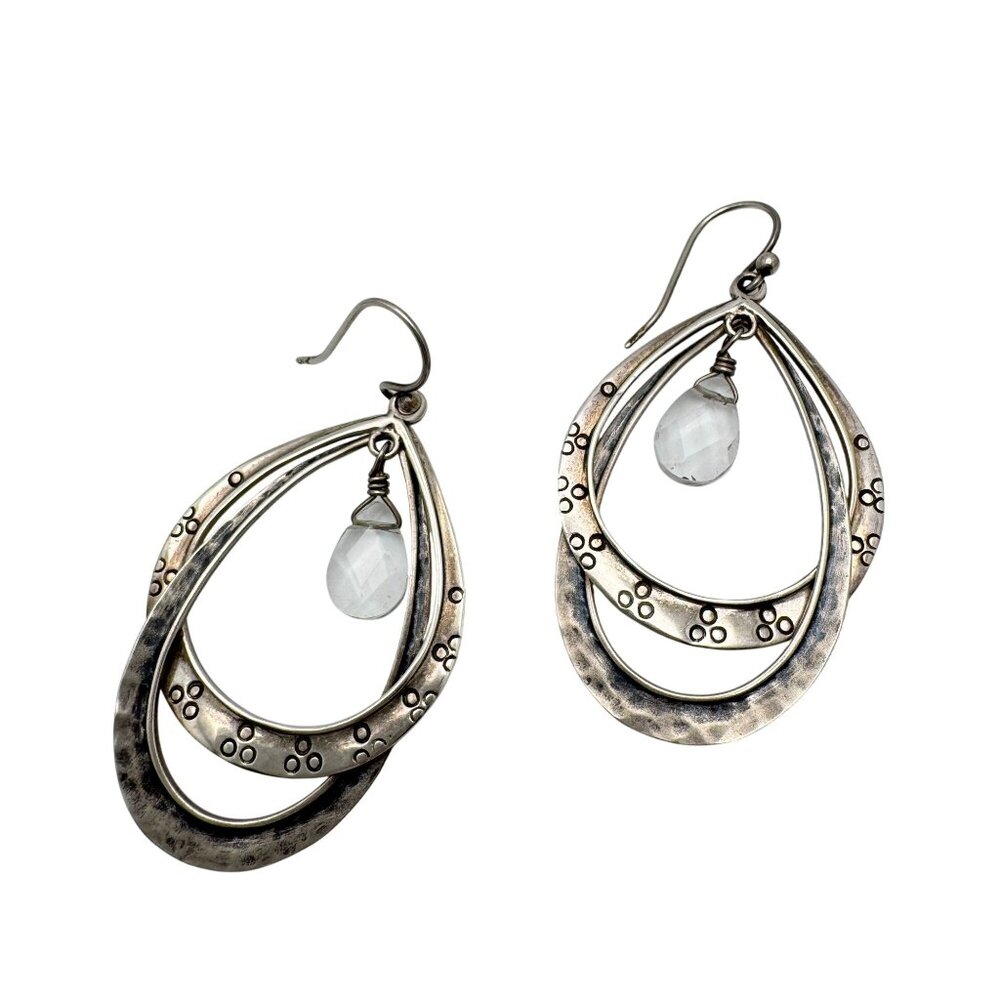 Silpada Sterling Silver Double Hoop Earrings Clear Crystal Dangle Etched Design